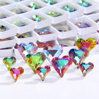Кристали във формата на сърце 8x9 мм, стъклени висулки с пайети, Декорации за нокти, скъпоценни перли, аксесоари за бижута, стъклени кристали