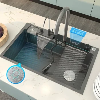 Кухненска мивка От неръждаема стомана с двойно водопадным Оборудван, Голяма Однослойная Мивка с цифров дисплей, Многофункционална Мивка за кухня