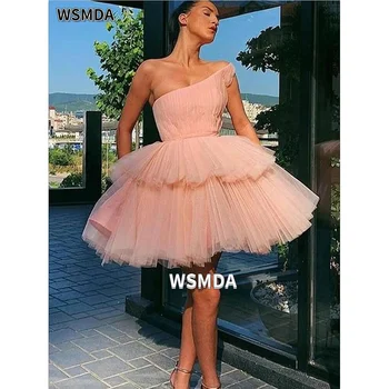 Къса рокля за абитуриентски бал в сгъвката на едно рамо, розово един коктейл рокля трапецовидна форма с дължина над коляното, Vestido De Graduacion