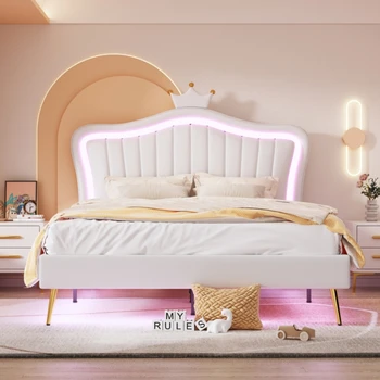 Легло, принцеси, Модерен foldout рамка на легло с led подсветка и дизайн на таблата във формата на корона, за спални