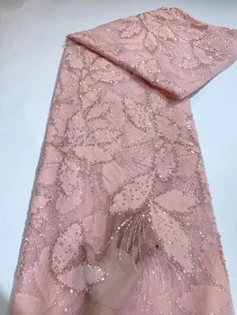 Лейси плат, ръчно изработени с розови перли и кристали 2023, благородна лейси плат, ръчно изработени beaded за сватбена рокля