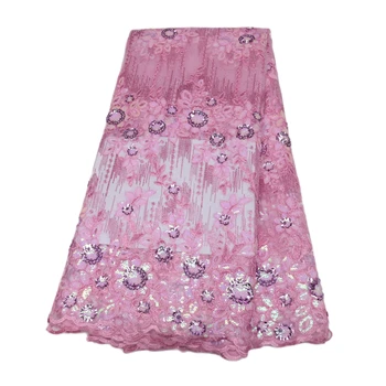 Лейси тъкани от тюл с африкански пайети за жени, Розово, Френската дантела, вышитое вечерна рокля, 5 ярда