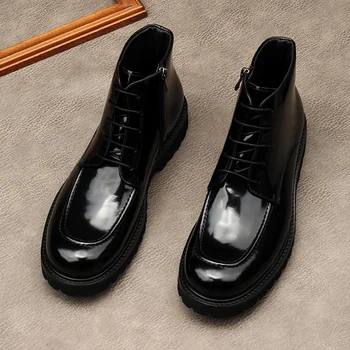 Луксозни Мъжки Черни обувки от лачена кожа, Класически Дизайнерски Ботуши от естествена Кожа На платформа, Елегантни Зимни Топло Мъжки Бизнес Обувки на щиколотку