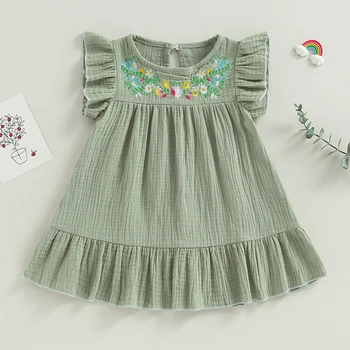 Лятото ежедневното рокля за малки момичета с цветове, с дълъг ръкав и кръгло деколте с цветна бродерия Рокля на принцеса