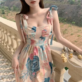 Лятото женствена рокля на подтяжках с папийонка, носи рокля с принтом в стила на френски ретро, написано масло