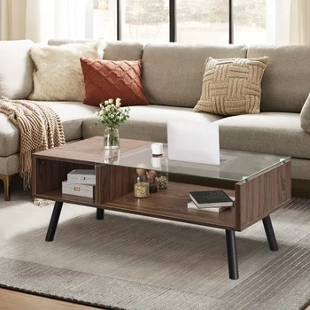 Маса от орехово дърво, двустепенна диван, централна маса с място за съхранение и стъклен плот за апартамент, офис, списание на мебели, маси за хол