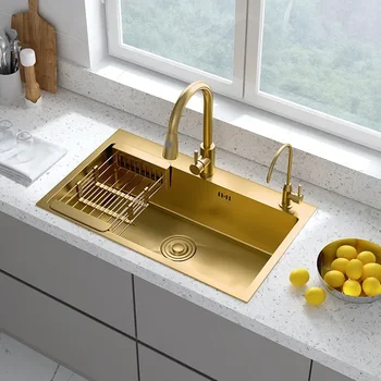 Мивка от неръждаема стомана Nano Gold 304, кухненска мивка за миене на съдове, голяма единична мивка за домашно пране, ръчно изработени