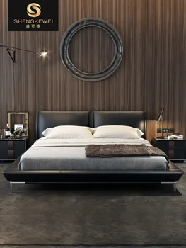 Минималистичен кожено легло Модерен минималистичен начало спалня 1,8 м х 2 м светла луксозно двойно меко легло