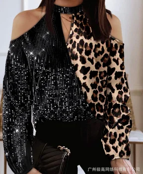 Модерен дамски блуза, есен мозайка бродерия, пайети, леопардовый принт, яка-ключ топ с открити рамене, ежедневни свободна блуза с дълги ръкави