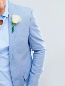 Модерен синьо небе бельо костюм по поръчка, изработена по стандартите на мъжки Костюми по поръчка, Леки костюми на младоженеца за плажна сватба, костюми за мъже