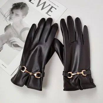 Модни дамски ръкавици от изкуствена кожа с веригата, зимни топли плюс кадифе дебели ръкавици за езда на открито с докосване на екрана