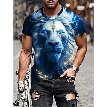 Мъжка тениска с изображение на животни, модни тениски с 3D-принтом, Нова градинска дрехи с изображение на тигър, с къси ръкави, Оверсайз, Летен случайни топ полиестер