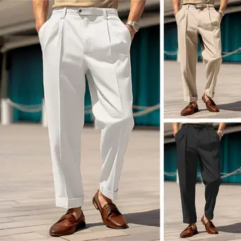 Мъжки елегантни прави панталони с джоб-часова, обикновена бели панталони за официални партита, големи размери 3xl, мъжки модерни панталони с копчета