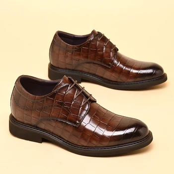 Мъжки кожени обувки-дерби, увеличаване на растежа на 3/6/8 см, ежедневни бизнес мъжки модел обувки на платформа с асансьор, на висок ток