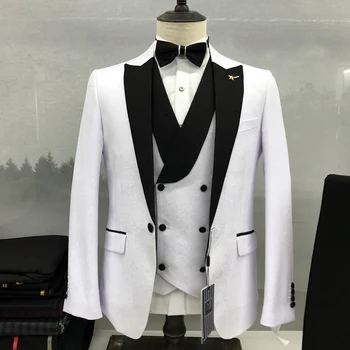 Мъжки костюм на джентълмен от 3 теми най-новия дизайн с бял набивным модел на отвороте, модерен нов комплект фраков за сватбен бала и партита