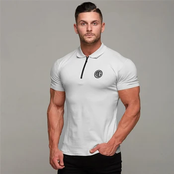 Мъжки модни памучен риза с къси ръкави с яка с цип, Лятна дишаща тениска с къс ръкав, облегающая на мускулната тъкан, спортно облекло за фитнес, културизъм.