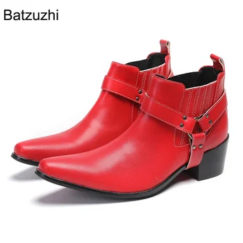 Мъжки обувки Batzuzhi на висок ток 6,5 см, луксозни мъжки кожени каубойски ботуши с катарама и остри пръсти, модни вечер, делови обувки за мъже
