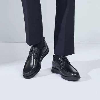 Мъжки обувки Kangnai от естествена телешка кожа, дантела с кръгла пръсти, черни офис ежедневни мъжки обувки-дерби на равна подметка в бизнес стил