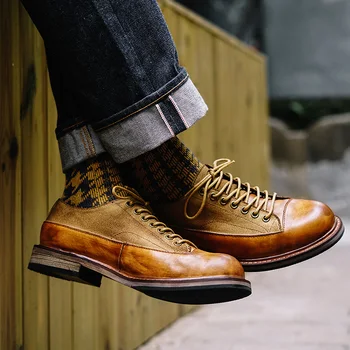 Мъжки обувки в стил мозайка с ниско берцем и големи пръсти, висококачествени ежедневни обувки от кожа, ръчно изработени в ретро стил с кръгла пръсти.