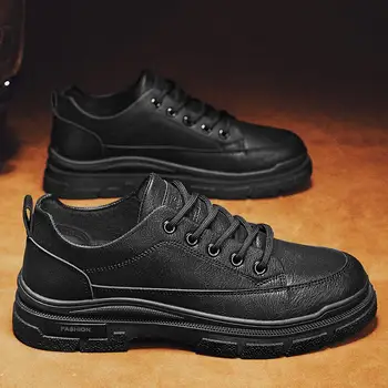 Мъжки обувки, есенни черни ежедневни обувки, спортни черни кожени обувки готвач, работна модни обувки