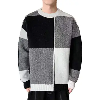 Мъжки пуловер в контрастен цвят с геометрични принтом, вязаный мъжки пуловер с кръгло деколте и дълъг ръкав за есен-зима, цветни блокове за топлина