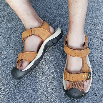 Мъжки сандали от естествена кожа със затворени пръсти, Рибарско плажната обувки, Туристически нескользящие летни спортни сандали на платформа 2023 г.,