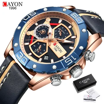 Мъжки спортни часовници CAYON луксозна марка, военни водоустойчив ръчен часовник от естествена кожа, мъжки часовници с хронограф, ръчен часовник
