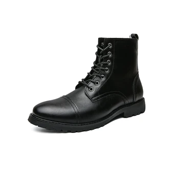 Мъжки черни модела обувки в британския стил, мъжки кожени обувки в стил ретро, обувки на платформа за мъже, модни къси ботуши, обувки за партита с висока берцем