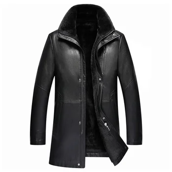 Мъжки якета от естествена кожа, мъжки кожени яке със средна дължина, модерно утолщенное топло палто, плюшевое зимата ежедневното палто Jaqueta