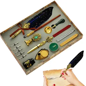 Набор от гъши писалки и мастило, антични перьевая писалка за писане, набор от гъши дръжки Включва перьевую дръжката, сменяеми мастило, уши, лъжица, восковую печат.