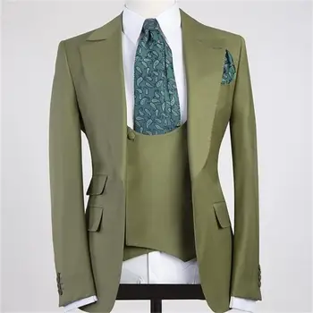 Най-новият дизайн Зелен Ревера с една пуговицей на Мъжки костюми от 3 теми Costum Homme Groom Wedding Terno Masculino Оборудвана Блейзър