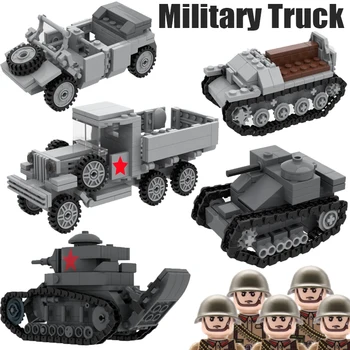 Немски военен камион-цистерна на Втората световна война, градивни елементи, фигурки на войници на армията на Съветския Съюз, трактор, кола, пистолет, пистолети, тухли, играчки