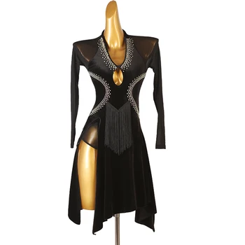 Нов дизайн, хит на продажбите, кадифе с дълги ръкави, черно бархатное танцово рокля с пискюли и кристали в модерен стил
