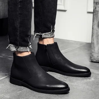Нови къси ботуши в стил Челси Модни къси ботуши с остри пръсти на дебелите обувки Мъжки обувки Обувки за мъже, Мъжки обувки