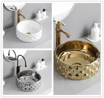 Обикновен настолен леген в скандинавски стил, златен, сребърен, керамичен Умивалник, кръгла мивка, домакински мивка
