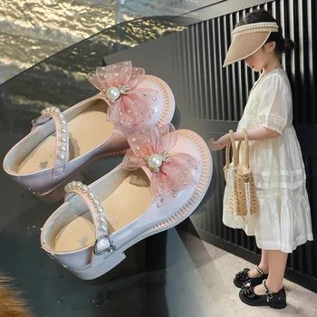 Обувки принцеси за момичета 2024 година, Нови перлени кристали, детски черни кожени обувки, розово-бели детски кристални студентски обувки, за да се изяви