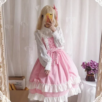 Оригинално японско розова рокля sweet lolita без ръкави на бретелях с плиссированным модел от дантела с пеперуда и висока талия JSK облекло на едро