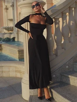 Отворено Черно дебнещ рокля Есен-Зима Градинска дрехи с дълъг ръкав Секси рокля с Елегантно парти Вечерни рокли Макси за жени 2023