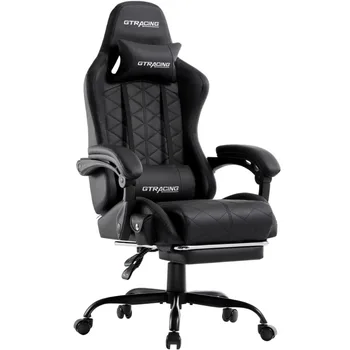 Откидывающееся офис на игралното стол GTRACING GTW-100 с високоговорители Bluetooth и поставка за краката, черно работно стол за геймъри