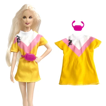 Официално ежедневното рокля за кукла NK от 2 теми: жълта рокля с кръгло деколте + розова поясная чанта за кукли Барби 1/6 Аксесоари за преобличане, играчки