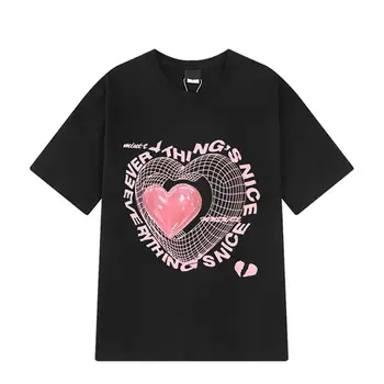 Памучен тениска с кръгло деколте и къс ръкав с принтом във формата на сърце, на женската риза в стил Уличен хип-хоп 2021, Летни дамски потници, облекло