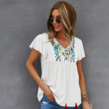 Памучни тениски с бродерия, летни дамски бели ежедневни блузи с V-образно деколте и къс ръкав, универсална градинска облекло в цветенце, ежедневни тениски за пътуване до работа