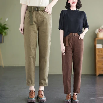 Панталон-молив с висока талия 2023, Нов Памук колан в Корейски стил, Тънки Дамски модни Есенни ежедневни панталони, Дамски Пролетни зреещи панталони