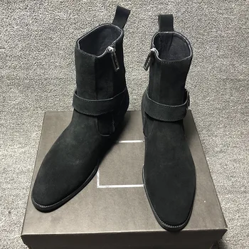 Персонални английски обувки Челси ръчно изработени от метал с голяма катарама от естествена кожа и велур