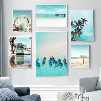 Плакат с морска гледка, начало декор, монтиране на изкуството, платно, боядисване, плаж, кокосова палма, принт, пейзаж, художествено изображение за проектиране на общежития