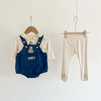 Пролетно-есенен гащеризон за новородени момичета, дънки + тениска + гамаши, детски гащеризон, модни детски дрехи на един въпрос.