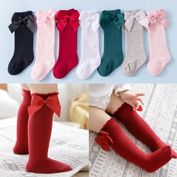 Пролетно-есенни чорапи за деца, дълги чорапи до коляното за момичета, памучни чорапи принцеса в испански стил с голям лък, детски чорапи на пода