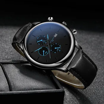 Прости мъжки часовник Модни творчески фалшиви аналогов кварцов часовник с размер на отворите на скалата, с три очи, висококачествени ежедневни кожени часовник с дата на издаване