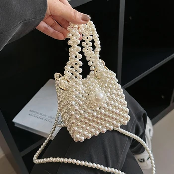 Реколта чанта ръчна изработка от мъниста, Летни чанти за жени, модни мини чанта през рамо за телефон, Луксозен перла вечер клатч, дамска чанта-мрежи