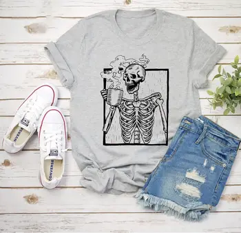 Риза с виртуален скелет за горещо кафе, Риза с виртуален скелет за пиене на кафе, Риза със скелети с удоволствие дълги ръкави
